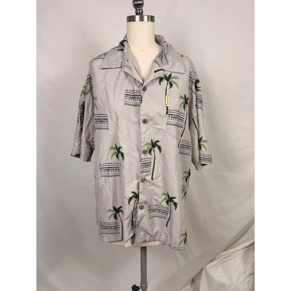Vintage Coconut Pier Mens L Grey Palm Tree Tribal Print Button Down Shirt Beach